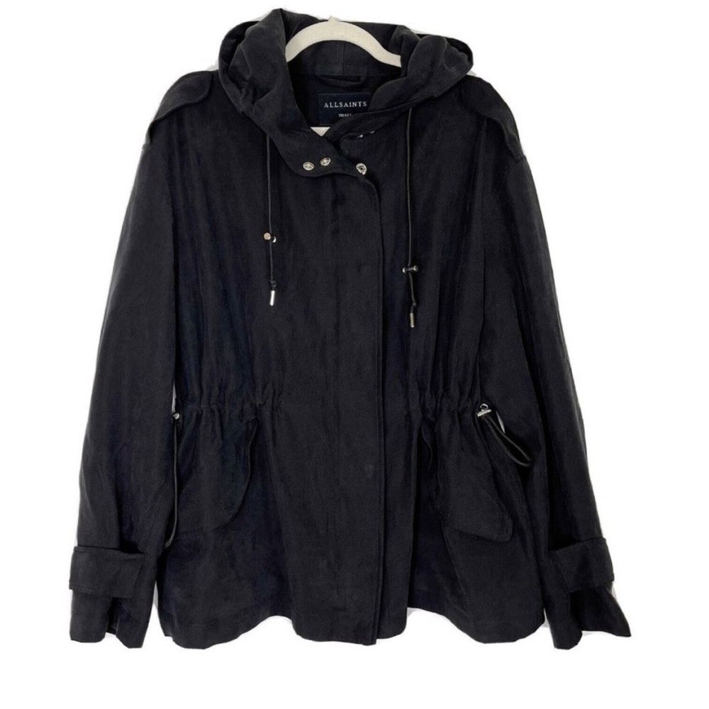 All Saints Anorak Jacket Womens Size Small Black Hooded Cinched Waist